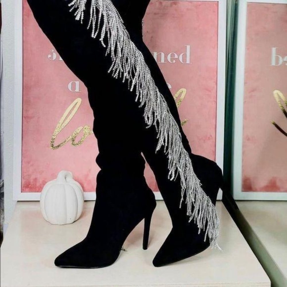 Thigh Hi Boots w/ Rhinestone Fringe in Black - Picture 7 of 10